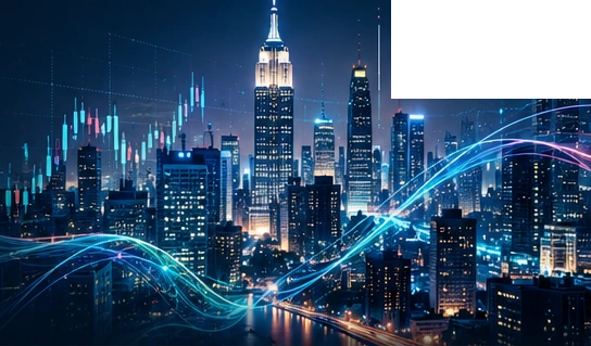 Illustrative financial city at night with blue and cyan data curves